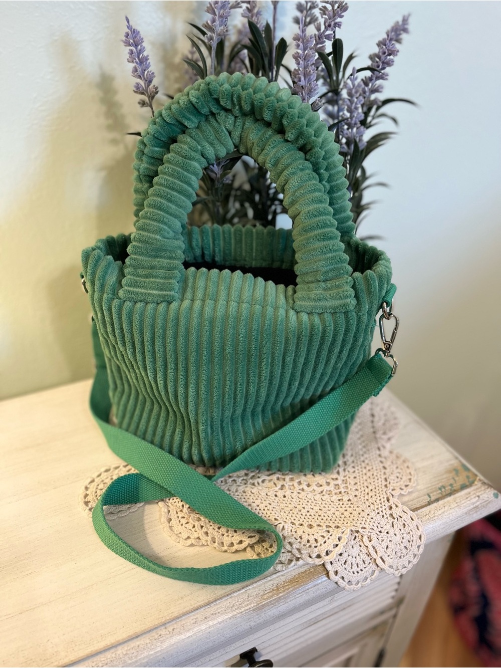 “Do Everything in Love” Green Corduroy Small Tote Style Purse NWOT